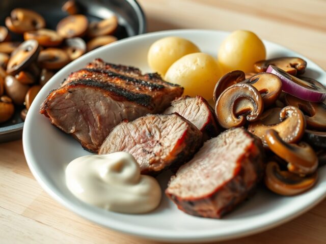 Varkenshaasje met pelaardappelen en champignon