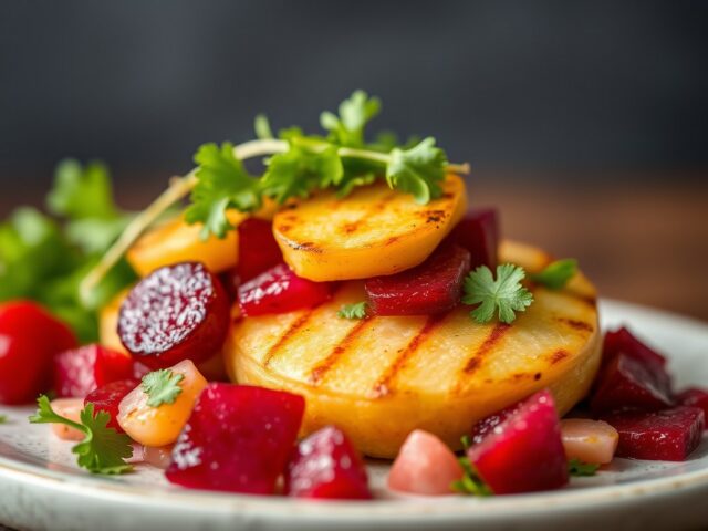 Varkenshaasspies met bietensalade — AI-gegenereerde illustratie