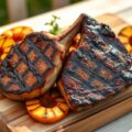 Varkenskoteletjes met perzik op de bbq- grill