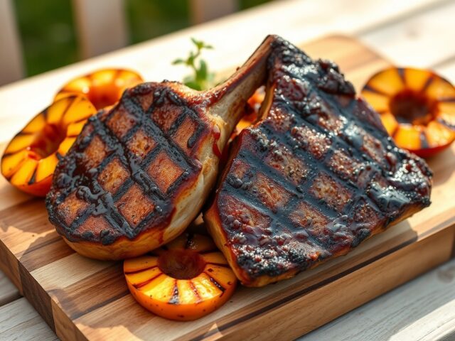 Varkenskoteletjes met perzik op de bbq- grill