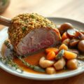 Varkenskroontje met peterseliecrumble, witloof en champignonsaus