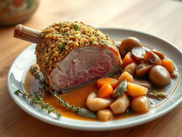 Varkenskroontje met peterseliecrumble, witloof en champignonsaus
