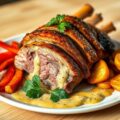 Varkenskroontje met rode paprika, graantjesmosterd en gebakken aardappelen