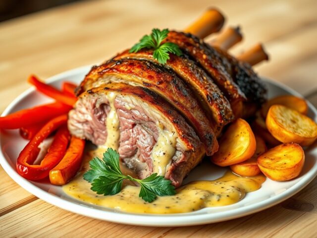 Varkenskroontje met rode paprika, graantjesmosterd en gebakken aardappelen