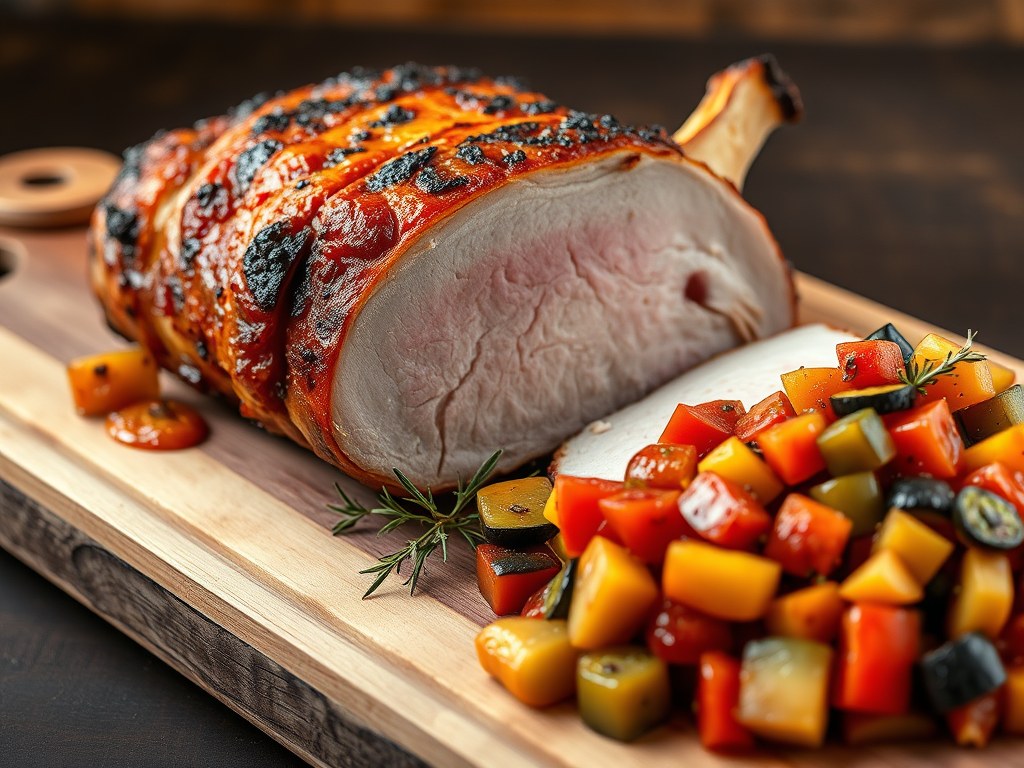 Varkenskroontje met tomatensalsa en ratatouille, AI-gegenereerde illustratie