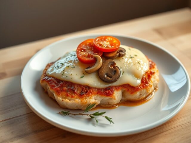 Varkenslapjes met tomatengarnituur onder kaas
