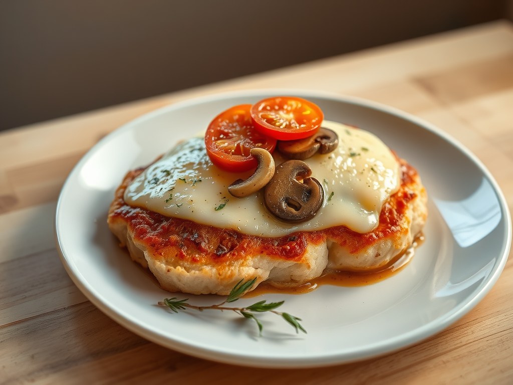 Varkenslapjes met tomatengarnituur onder kaas, AI-gegenereerde illustratie