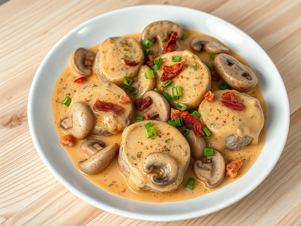Varkensoesters stroganoff, AI-gegenereerde illustratie