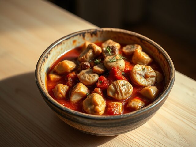 Varkensragout met tomaat, knoflook en oesterzwamme