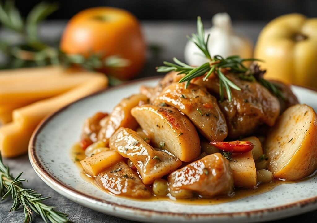 Varkensrollade met appels en pruimen, AI-gegenereerde illustratie