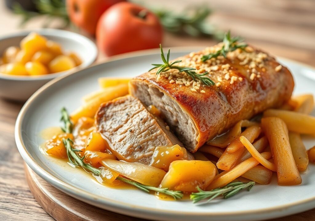 Varkensrollade met appelsaliechutney, AI-gegenereerde illustratie