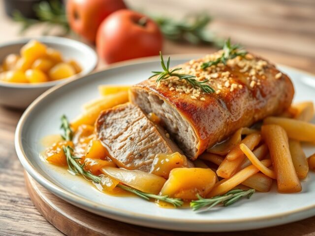 Varkensrollade met appelsaliechutney — AI-gegenereerde illustratie