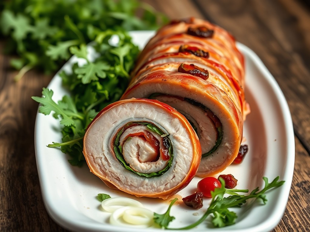 Varkensrollade met rucola en prosciutto, AI-gegenereerde illustratie