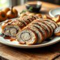 Varkensrollade, uien en aardappelen met balsamico