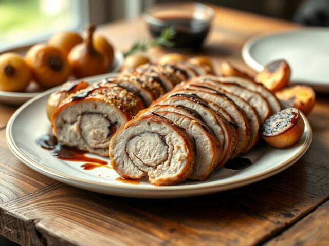 Varkensrollade, uien en aardappelen met balsamico