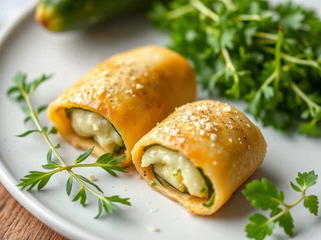 Varkensrolletjes gevuld met courgette en kaas — AI-gegenereerde illustratie