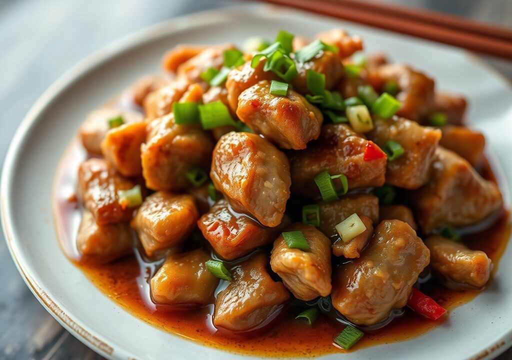 Varkensvlees in Jasje en Zoetzure Saus (Ku Lu Yuk), AI-gegenereerde illustratie