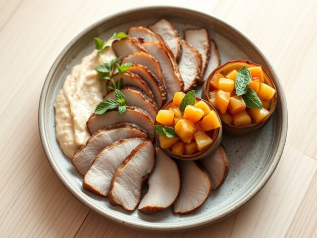 Varkensvlees met hummus van cashewnoten, gevulde uien met perzik, abrikoos en munt
