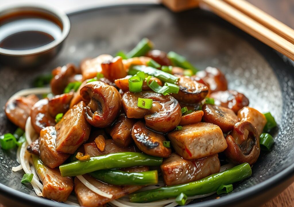 Varkensvlees met paddenstoelen ( San Xianggu Rou ), AI-gegenereerde illustratie