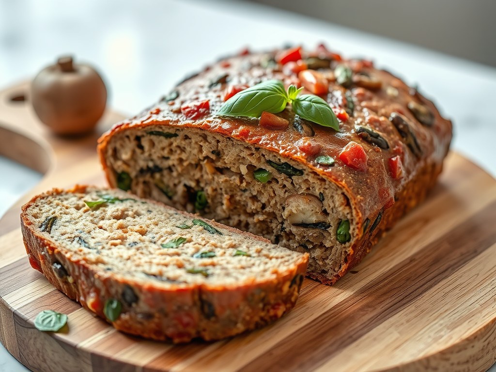 Vegetarisch gehaktbrood van kastanjechampignons, AI-gegenereerde illustratie