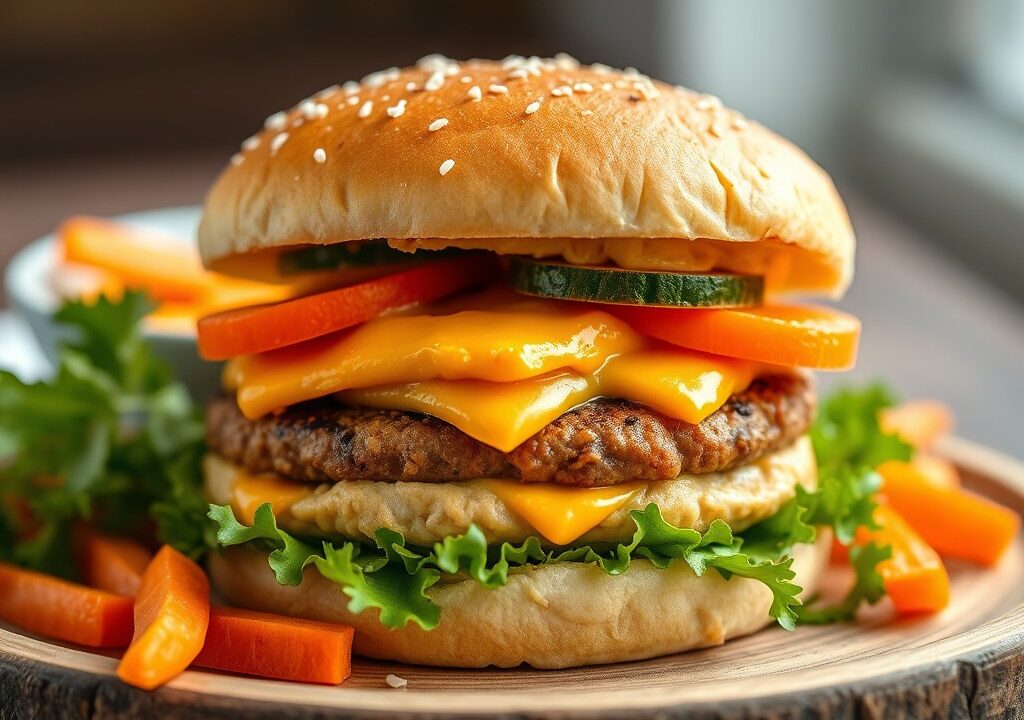 Vegetarische cheeseburger met humus, AI-gegenereerde illustratie