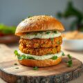 Vegetarische cheeseburger met humus