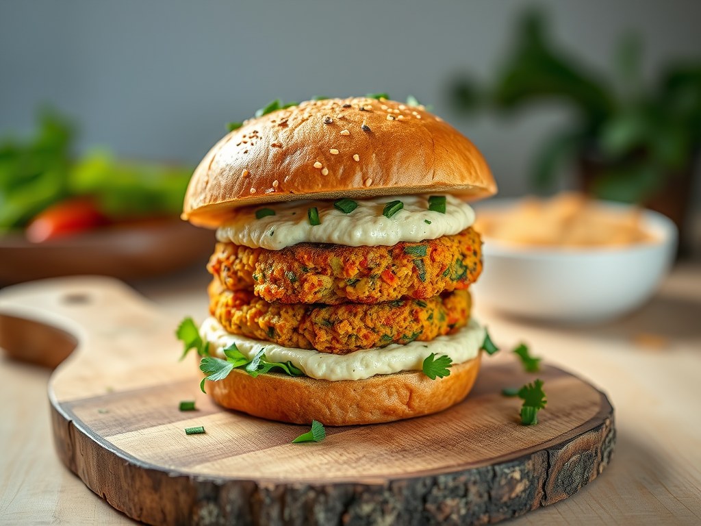 Vegetarische cheeseburger met humus, AI-gegenereerde illustratie