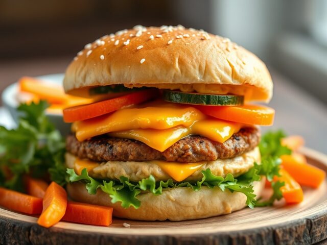 Vegetarische cheeseburger met humus — AI-gegenereerde illustratie