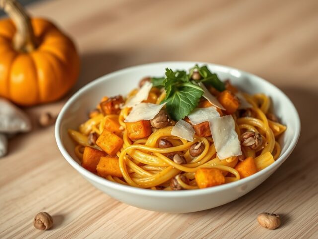 Vegetarische herfstpasta Penne met pompoen