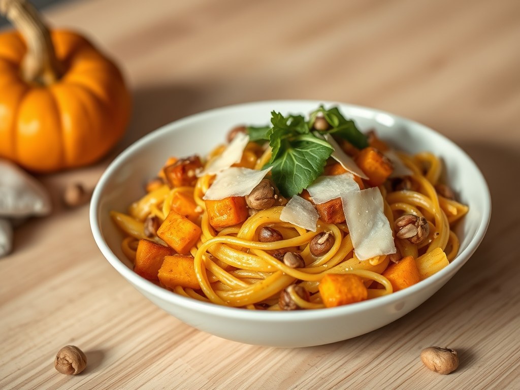 Vegetarische herfstpasta Penne met pompoen, AI-gegenereerde illustratie