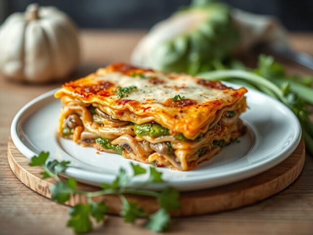 Vegetarische lasagne met filodeeg, paddenstoelen en groene kool
