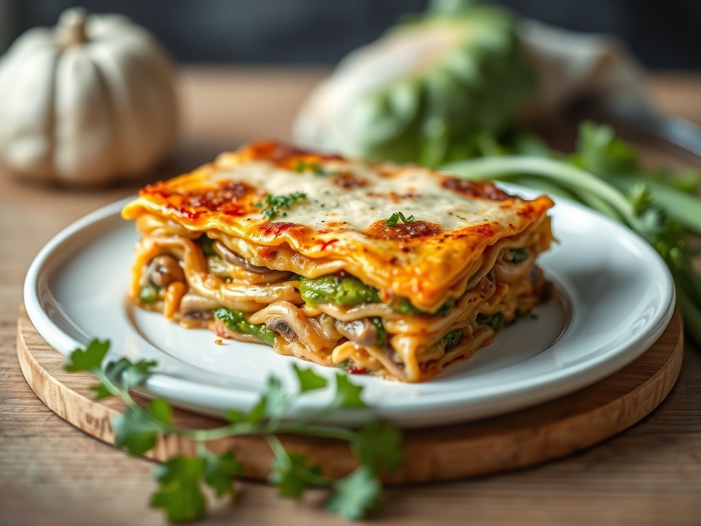 Vegetarische lasagne met filodeeg, paddenstoelen en groene kool, AI-gegenereerde illustratie