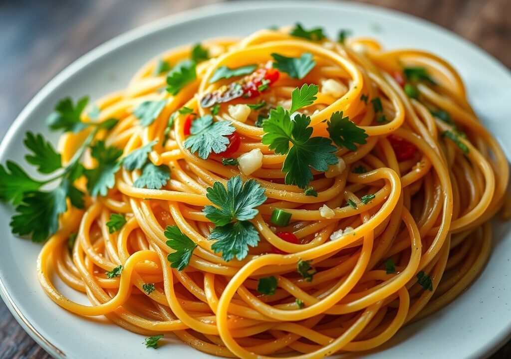 Vegetarische spaghetti, AI-gegenereerde illustratie