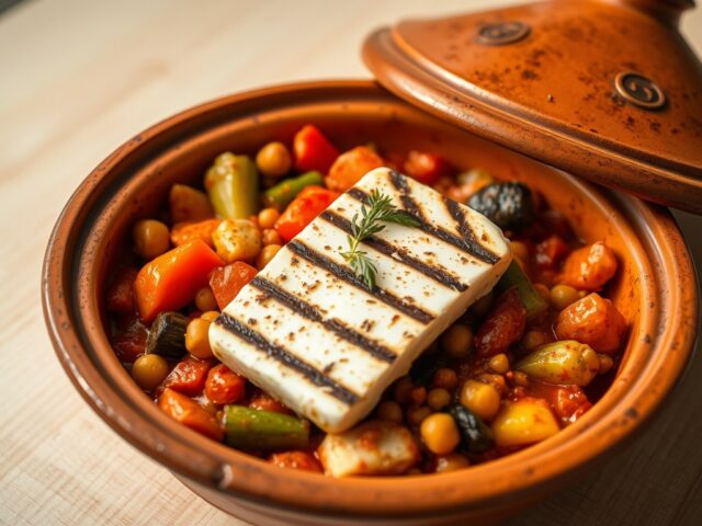 Vegetarische tajine met gegrilde feta
