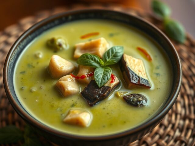 Vegetarische Thaise groene curry met Thaise aubergines