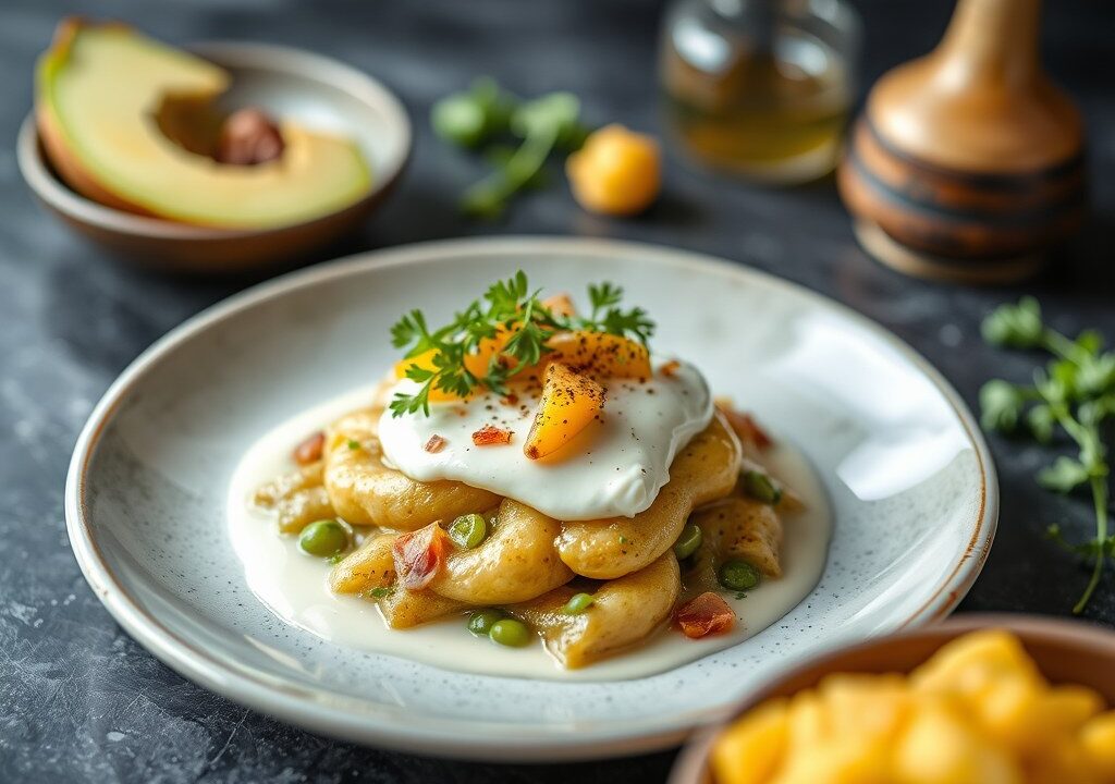 Vegetarische zuurkool met yoghurt en fenegriekaas, AI-gegenereerde illustratie