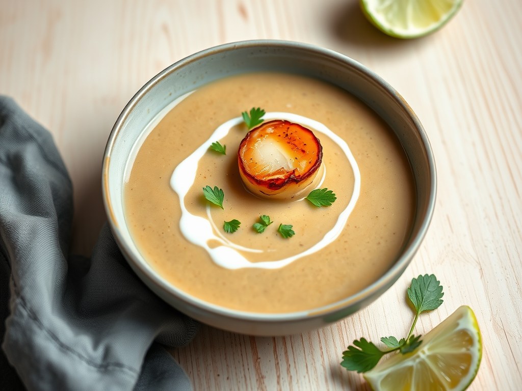 Velouté van eekhoorntjesbrood met Sint Jakobsvruchten, AI-gegenereerde illustratie