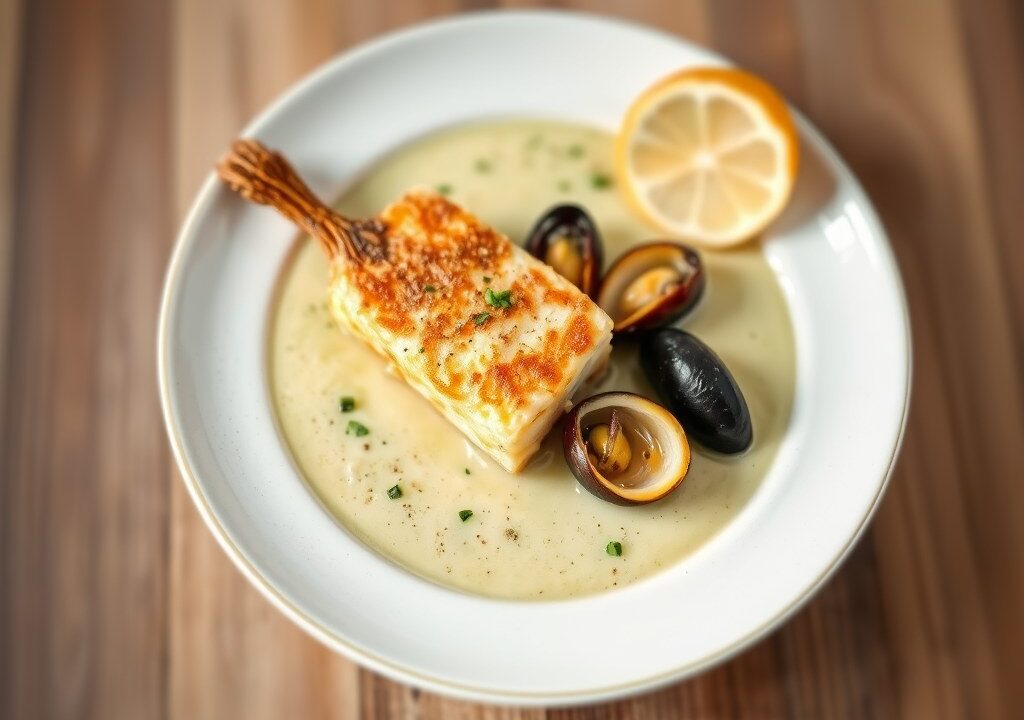 Velouté van groene asperges en mosselen met gebakken koolvis, AI-gegenereerde illustratie