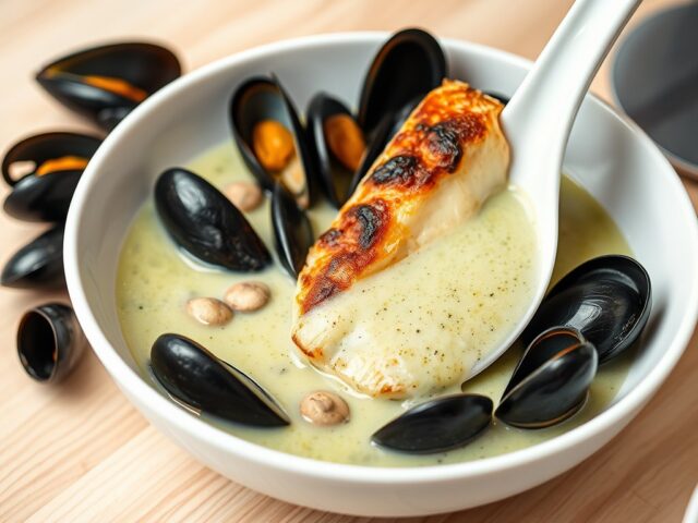 Velouté van groene asperges en mosselen met gebakken koolvis