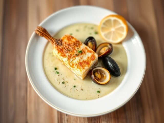 Velouté van groene asperges en mosselen met gebakken koolvis — AI-gegenereerde illustratie