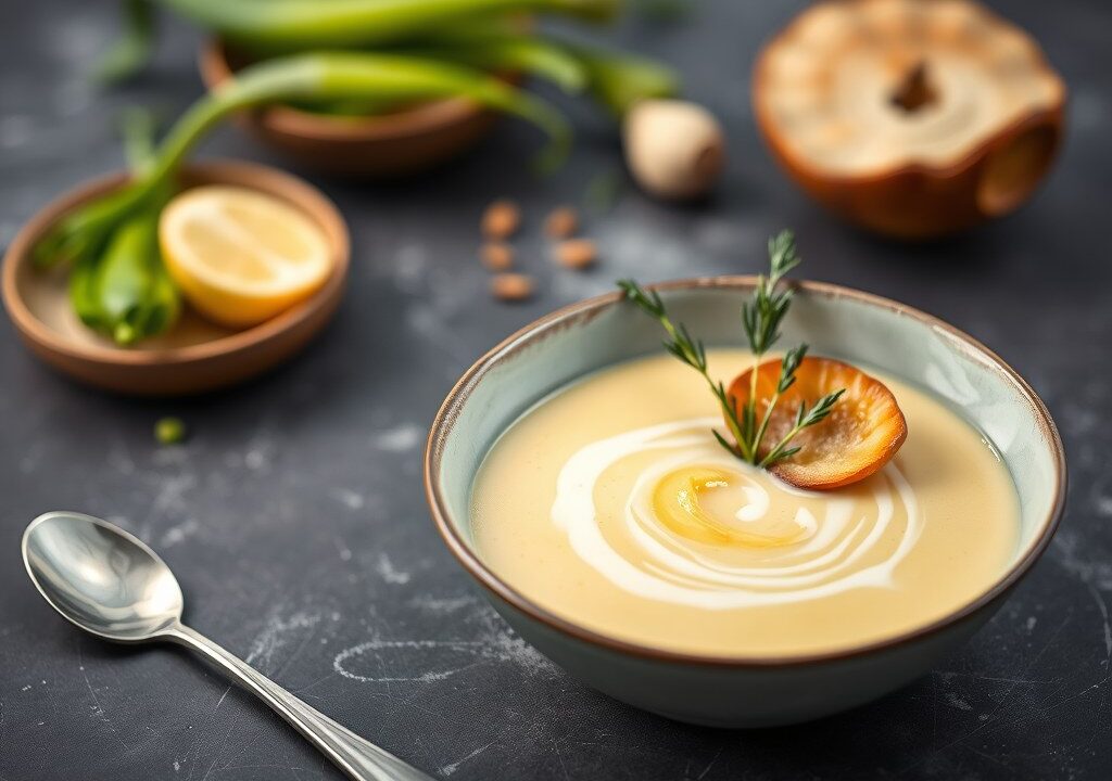 Velouté van prei met truffelolie gebakken coquille, AI-gegenereerde illustratie