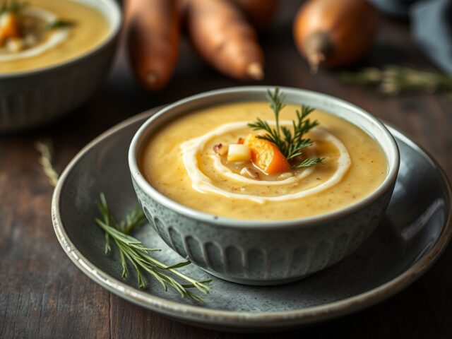 Velouté van wintergroenten met grookte paling — AI-gegenereerde illustratie