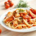 Venkel met zalm en paprikasaus