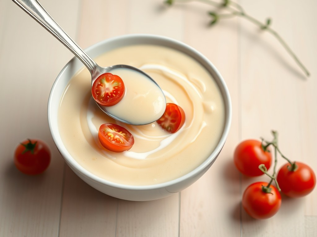 Venkelsoep met cherrytomaatjes, AI-gegenereerde illustratie