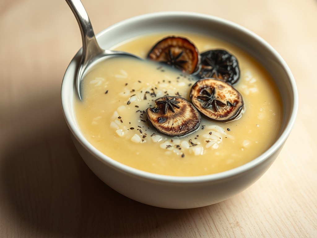 Venkelsoep met gegrilde shitake en anijshagel, AI-gegenereerde illustratie