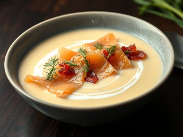 Venkelsoep met rauwe zalm, pancetta en dille
