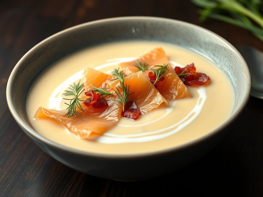 Venkelsoep met rauwe zalm, pancetta en dille, AI-gegenereerde illustratie
