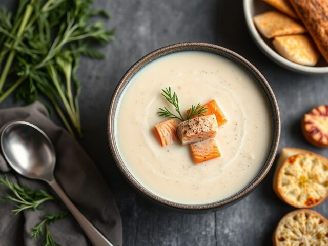 Venkelsoep met zalm en krab