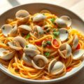 Venusschelpen met linguini, tomaat en kappertjes