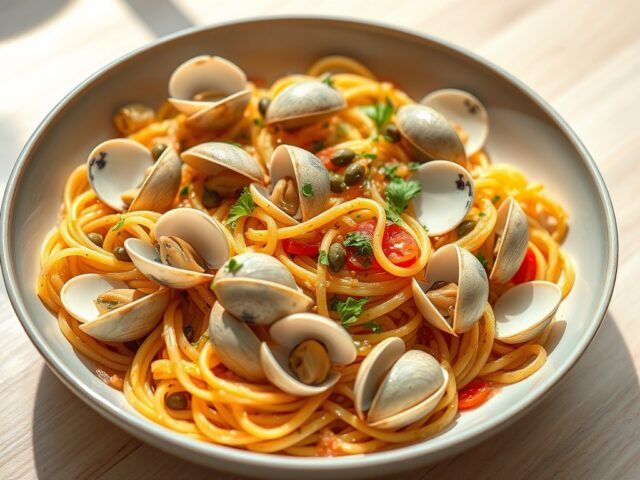 Venusschelpen met linguini, tomaat en kappertjes